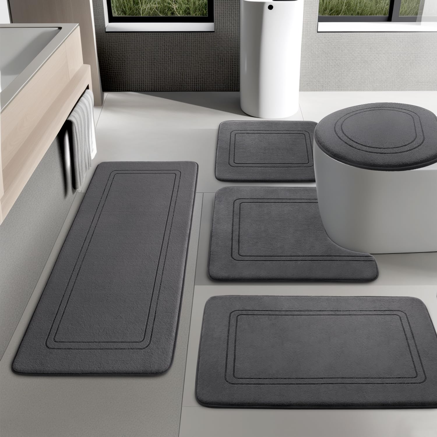 Photo 1 of YIHOUSE Dark Grey Memory Foam Bathroom Rug Set, Absorbent Non Slip Bath Mats for Bathroom Floor, Washable Dry Quickly 5 Piece