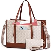 IGOLUMON Laptop Bag for Women 15.6 Inch Vegan Leather Work Tote Bag Quilted Womens Briefcase Designer Laptop Bags for Office Teacher College Cute Computer Bag with Purse Professional Beige & Brown