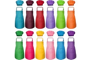 12 Pieces Kids Apron and 12 Pieces Chef Hat, Adjustable Children's Bib Apron Boys Girls Aprons with Pockets Chef Costume (Mul