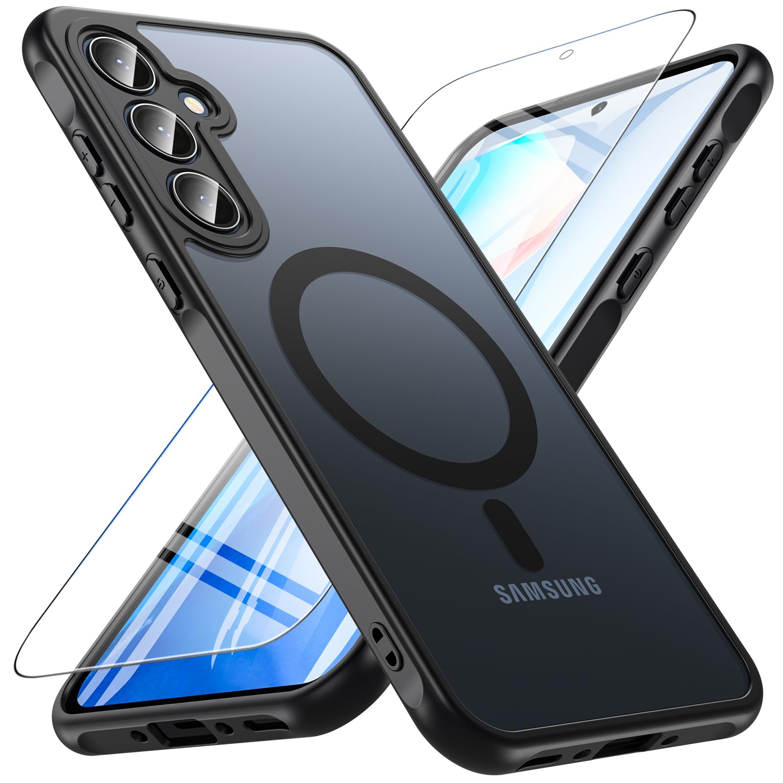 Photo 1 of Cum2giff Magnetic for Samsung Galaxy A35 5G Case with Tempered Glass Screen Protector, Compatible with MagSafe, Shockproof Protective Translucent Back Phone Case Cover for Samsung A35 5G (Black)