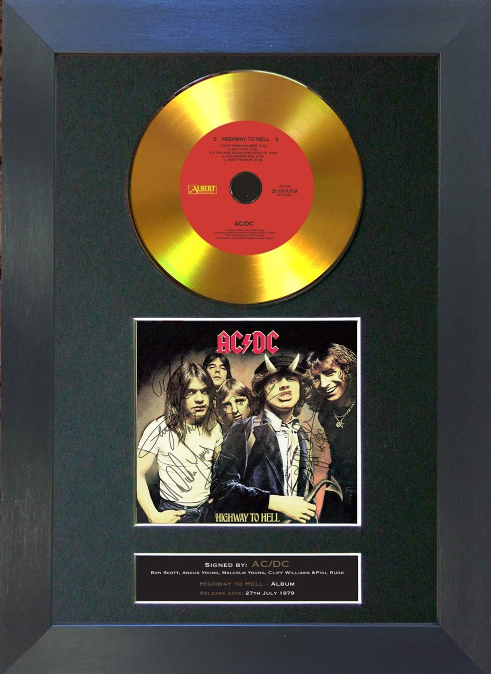 #150 GOLD DISC ACDC Highway to Hell Album CD Signed Autograph Mounted Repro A4 Print Man Cave Gift Christmas Birthday Wedding Present (A4 Handmade Frame (Black))