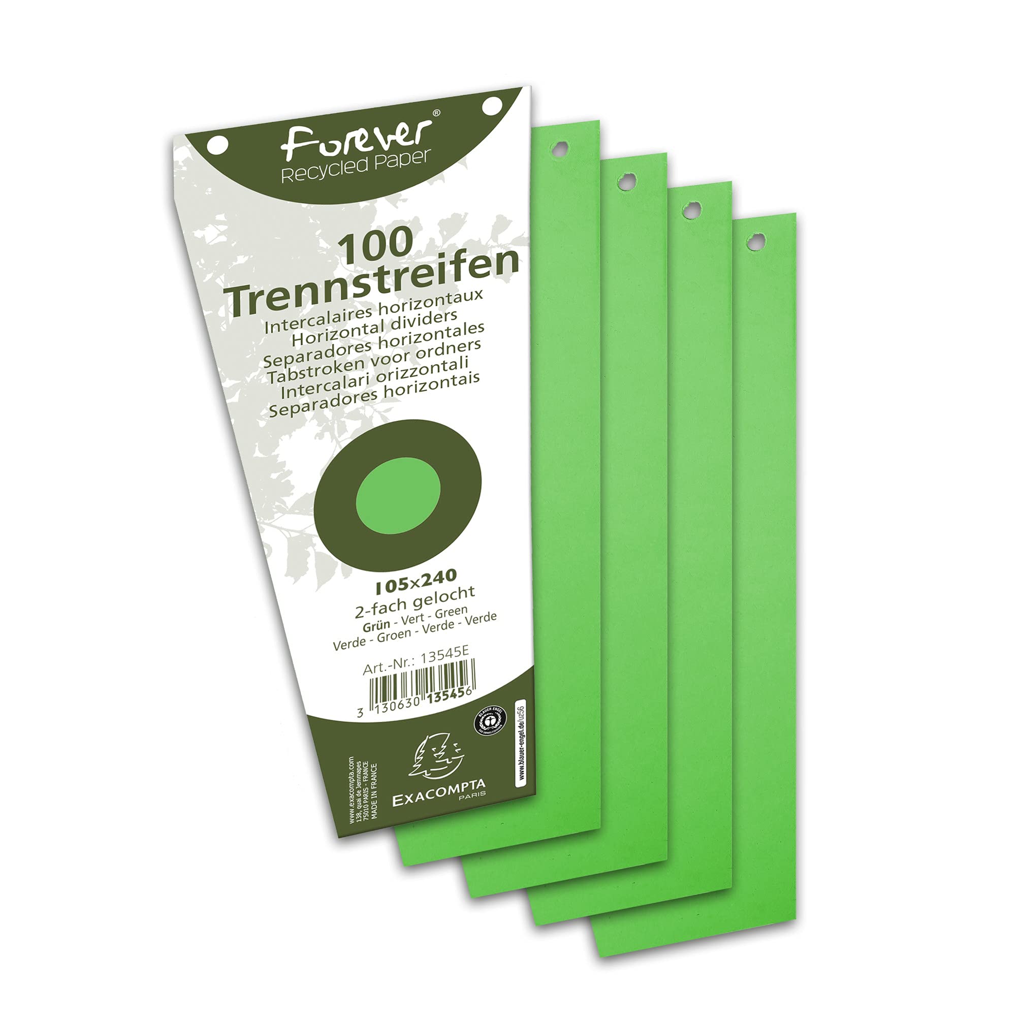 Exacompta - Ref 13545E - Forever Collection - Recycled Punched Card Dividers - 105 x 240mm, Pre-Punched for Folders or Files, Plain Recycled 180gsm Card - Green (100 Pack)