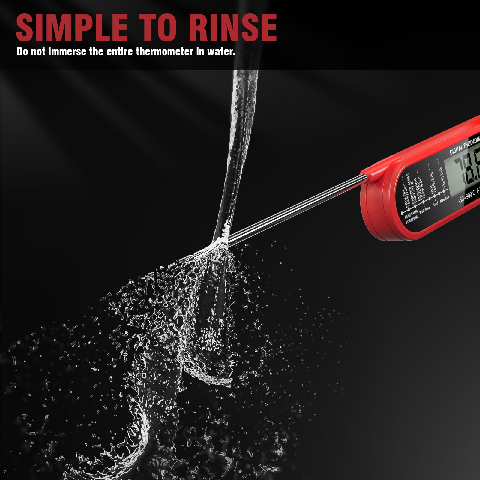 RUN HELIX Fleischthermometer Digital Rot，Bratenthermometer，Thermometer kochen，Langer Sonde und LCD Bildschirm, Ausschaltung für Steak, Essen, BBQ, Backen，Wasserthermometer und Kerntemperaturmesser 5