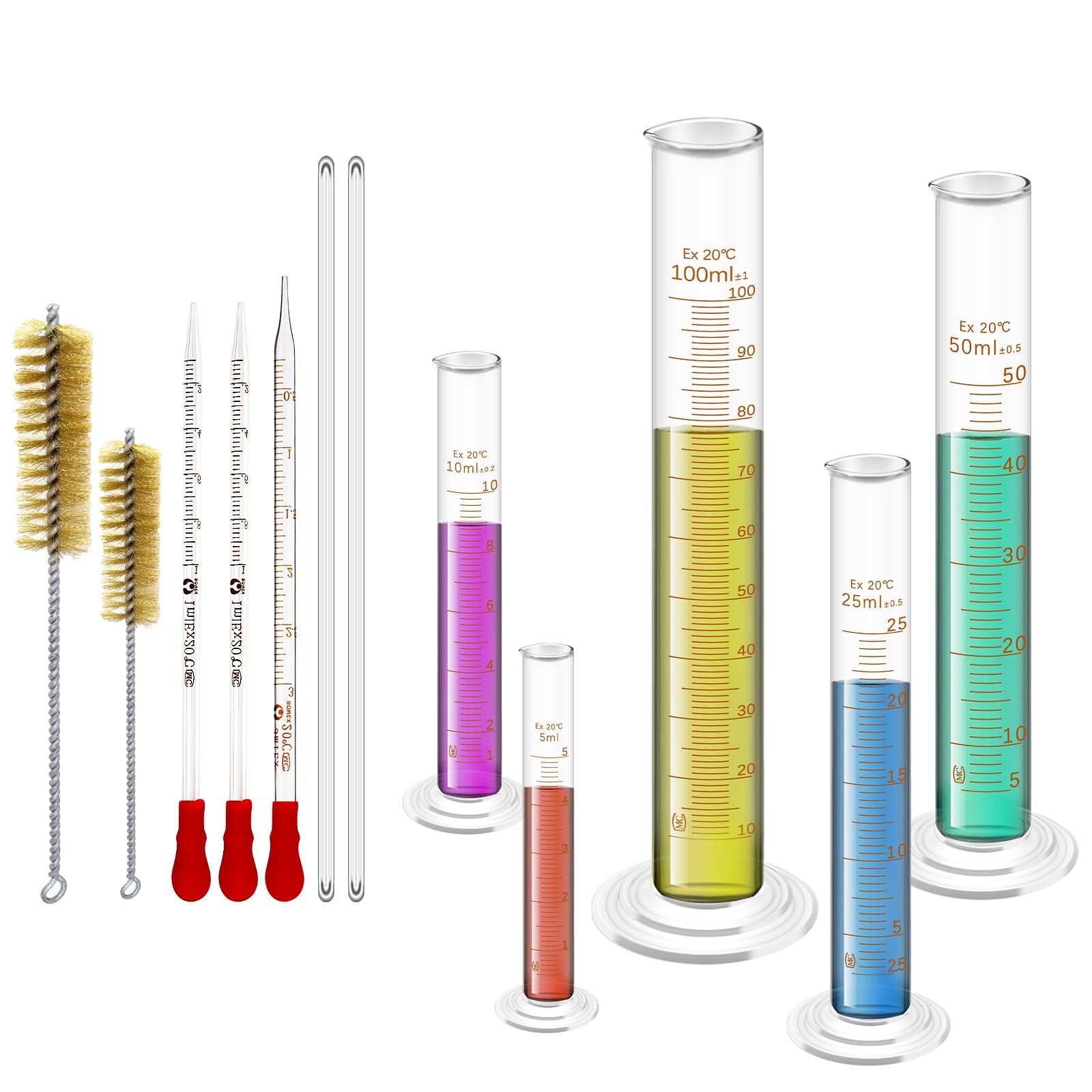 Photo 1 of 12PCS Lab Glassware Set, 5PCS Graduated Measuring Cylinder Set 5ml 10ml 25ml 50ml 100ml, Thick Glass, 3 Glass Droppers with 2 Cleaning Brushes, Borosilicate Glas for Liquid Measuring