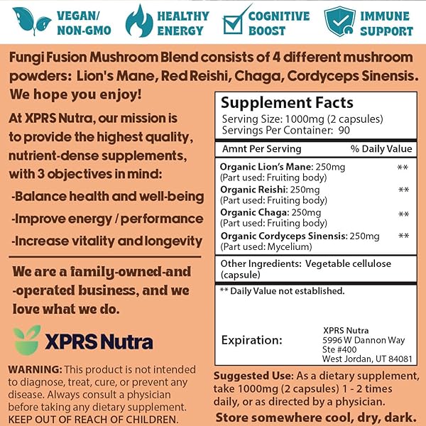 XPRS NUTRA FUNGI FUSION MUSHROOM BLEND CAPSULES – 180 COUNT (90 DAY SUPPLY) PREMIUM BLEND OF LION’S MANE, REISHI, CHAGA, CORDYCEPS CAPSULES TO SUPPORT MENTAL CLARITY, COGNITION, ENERGY AND IMMUNITY