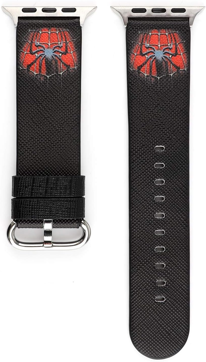 Heroes Watch Band Strap Cartoon Style Leather Wristband Bracelet Compatible with 44mm 42mm Apple Watch Series 4/3/2/1 - Black Spider Man