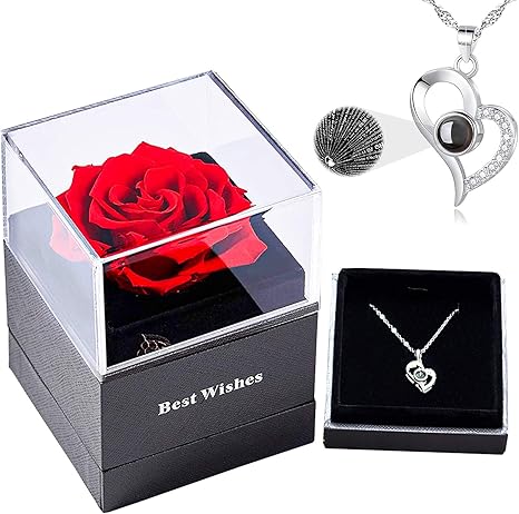 Amazon Com Real Preserved Rose Eternal Rose Jewelry Box With I Love You Necklace 100 Languages Handmade Enchanted Forever Rose Flower Gifts For Her Mom On Valentine Day Birthday Christmas Kitchen Dining