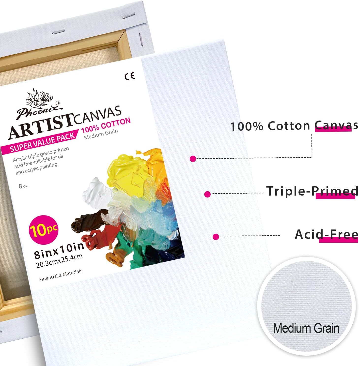 PHOENIX White Blank Cotton Stretched Canvas Artist Painting - 8x10 Inch / 10 Pack - 5/8 Inch Profile Triple Primed for Oil & Acrylic Paints