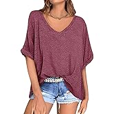 UEU Womens Oversized T-Shirts Summer V Neck Casual Shirts Short Sleeve Workout Tunic Tops