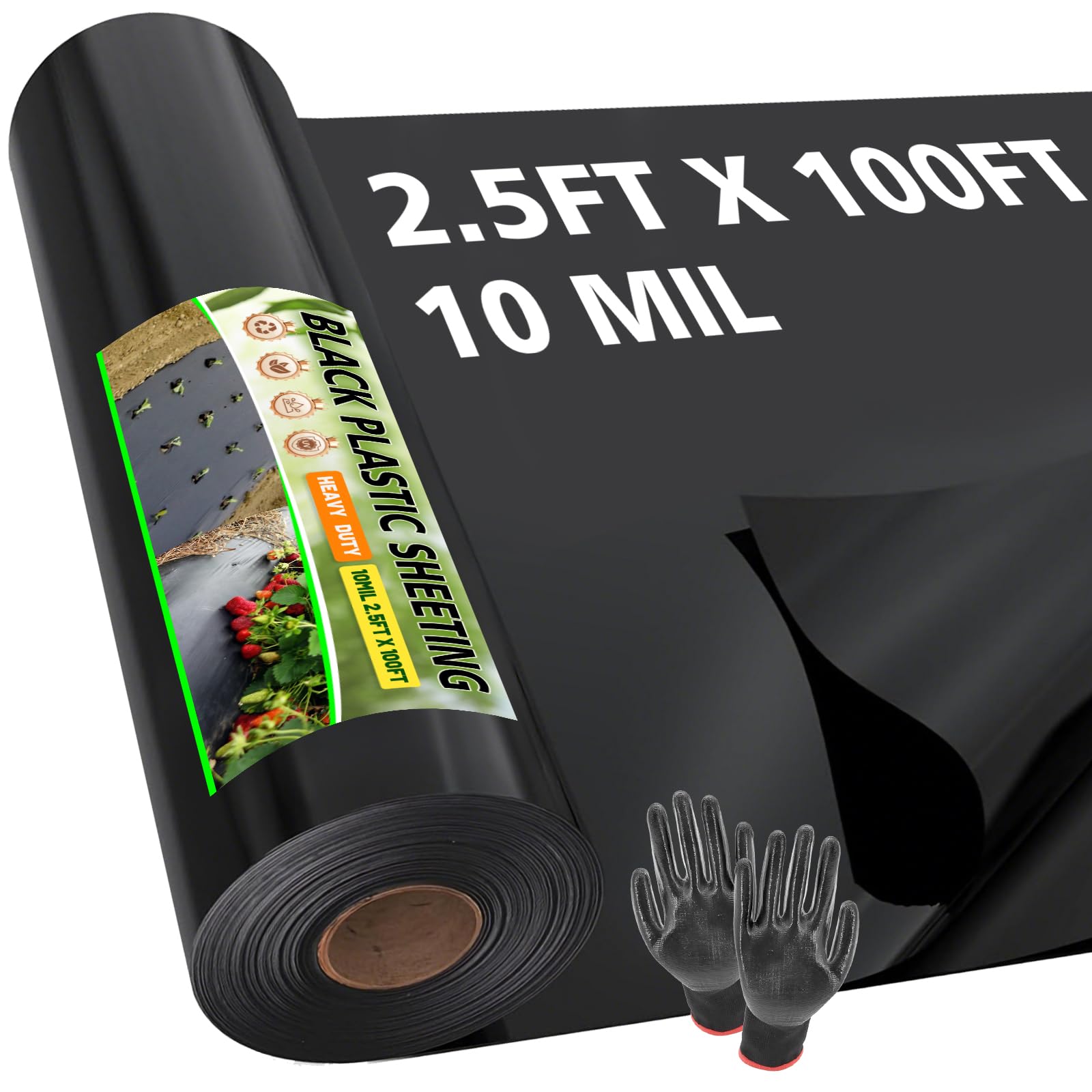 View 1 of 10 Mil Black Plastic Sheeting Heavy Duty, 2.5ft x 100ft LLDPE Vapor Barrier for Crawl Space Encapsulation, Moisture Barrier Film for Basement, Landscaping, Greenhouse & DIY (with Gloves)