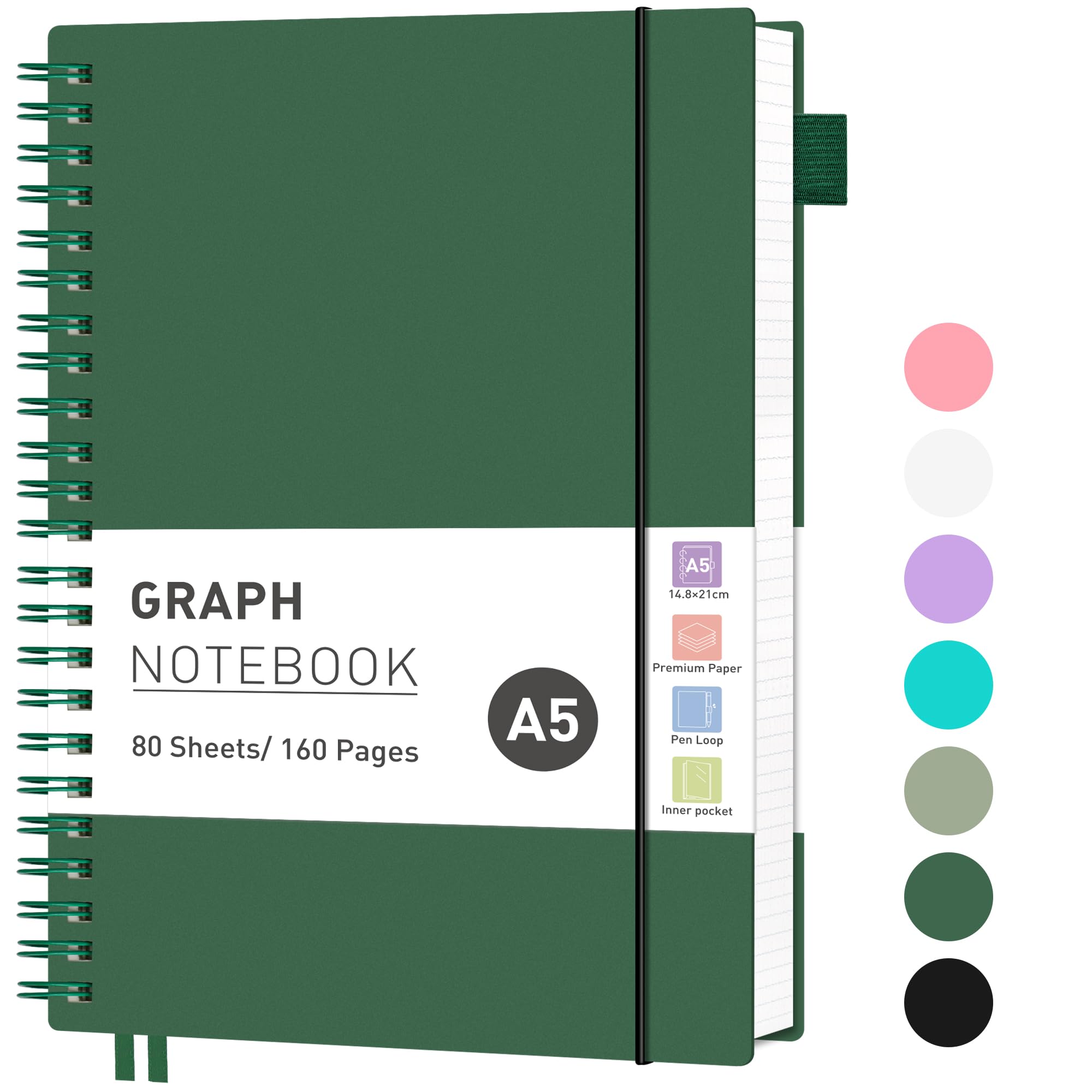 RETTACY Graph Grid Paper Notebook, 160 Pages, A5 Size (14.5 x 21 cm), 5mm per Square, 100 GSM Thick Paper, Flexible Plastic Cover, Spiral-bound, for School, Students, Math, Engineering (Dark Green)