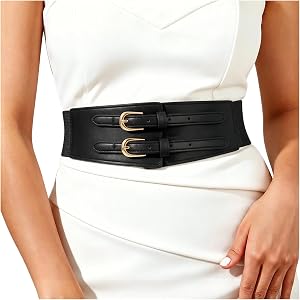 XZQTIVE Women Wide Elastic Leather Waist Belt Stretchy Thick Corset Belt Chunky Wrap Belt with Double Gold Buckle for Dress
