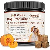 ZEBORA Probiotics for Dogs - Dog Probiotics, Pumpkin for Digestive & Gut Health, Digestive Enzymes & Prebiotic for Occasional Diarrhea, Support Immune, Skin & Allergies, 120 Soft Chews, Pumpkin Flavor