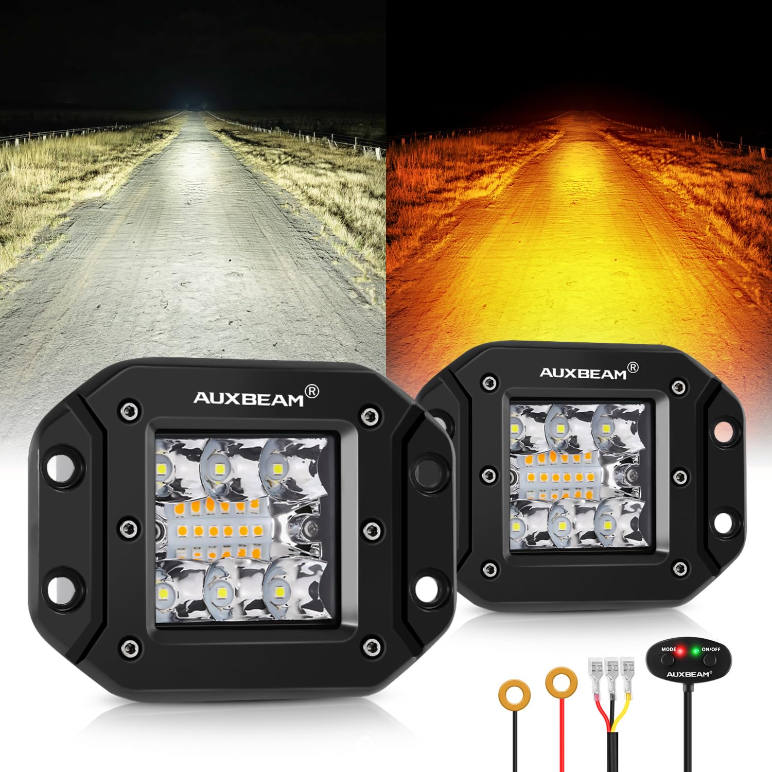 Photo 1 of Auxbeam 6 Modes Amber White Series Flush Mount Strobe Lights 5 Inch 72W LED Pods Spot Flood Combo Flashing/Warning Multi-Function Offroad Lighting Bumper Grille Mount, Pair
