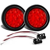 LIGBT 2Pcs 4" Round Red 12 LED Trailer Tail Lights 12V 4inch Stop Brake Turn Boat Lights with Surface Mount Grommets Plug Connector for Truck RV Semi Truck Van