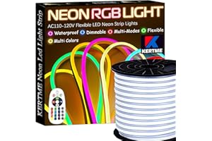 KERTME Neon Led Type AC 110-120V LED NEON Light Strip, Flexible/Waterproof/Dimmable/Multi-Colors/Multi-Modes LED Rope Light + 24 Keys Remote for Home/Garden/Building Decoration (131.2ft/40m, RGB)