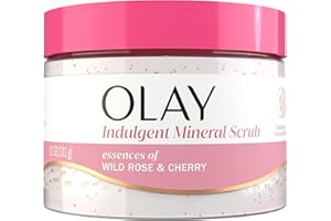 Olay Body Indulgent Mineral Scrub, Skin Exfoliating & Massaging Pearls, Nourishing Soft & Gentle Formula, Renewing BHA, Vitamin B3 Complex, Luxurious Fragrances, Wild Rose & Cherry Creme Scent, 11 oz