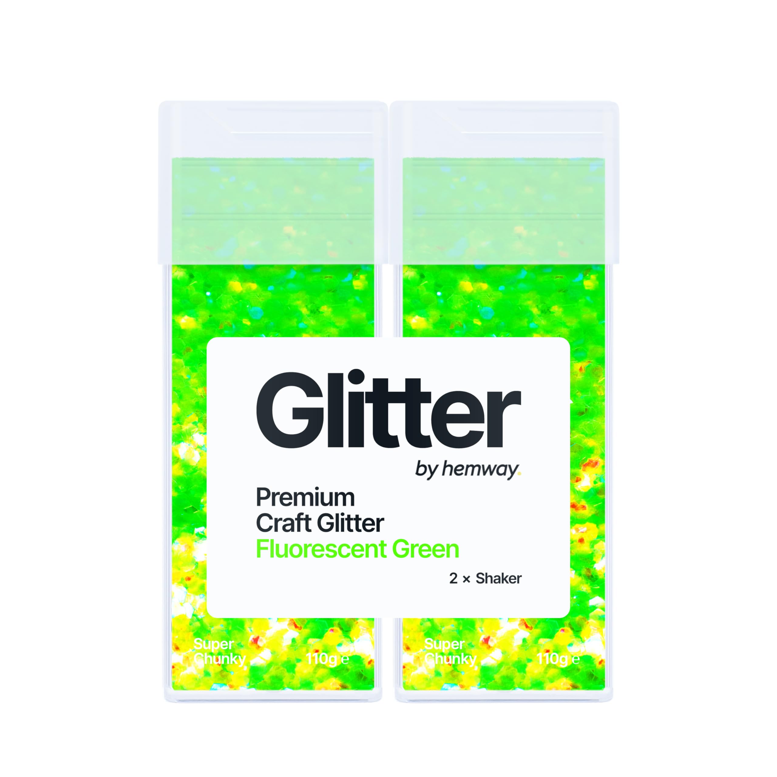 Hemway Glitter Shaker Fluorescent Green 110g x2 Pack Super Chunky, Craft Glitter Shakers for Resin & Epoxy Crafts, Christmas Art Supplies, Nail, Body, Face, Eye, Festival, Crafting, Slime, Sparkle