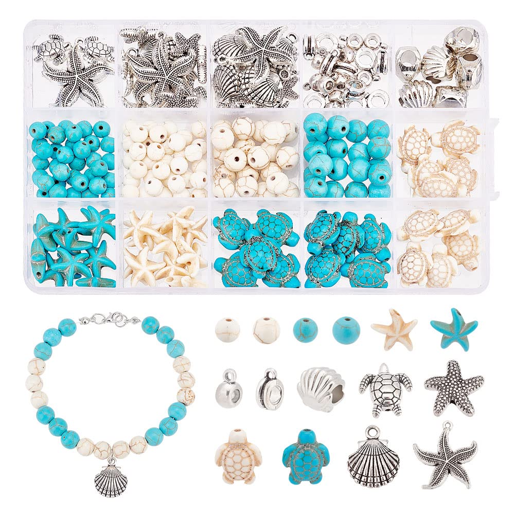 arricraft 191 Pcs Bracelet Beads Making Kit, Assorted Ocean Theme Bracelet Findings Including Starfish & Tortoise Synthetic Magnesite & Turquoise & Alloy Beads for Earrings Necklace Making