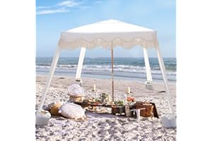 AMMSUN Beach Cabana with Fringe, 6'×6' Boho Beach Canopy with Tassels, Easy Set up & Premium Wood Pole, Cabana Tent with Sand Pockets, Instant Sun Shade for Sand, Garden, Patio, Elegant White