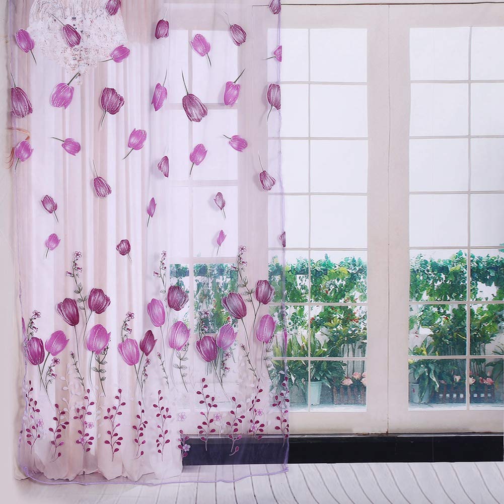 Colorful Tulips Floral Printing Tulle Voile Curtains Sheer Drape Balcony Door Room Dividers Scarf Valances Pastoral Decorative Window for Balcony Living Room Bedroom Kitchen, 100 * 200cm (Purple)