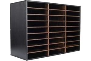 TQVAI Wood Adjustable Literature Organizer Desktop File Sorter Mail Center Paper Storage Cabinet Home & Office Mailbox School Classroom Keepers, 27 Slots Compartments, Black/Archaize