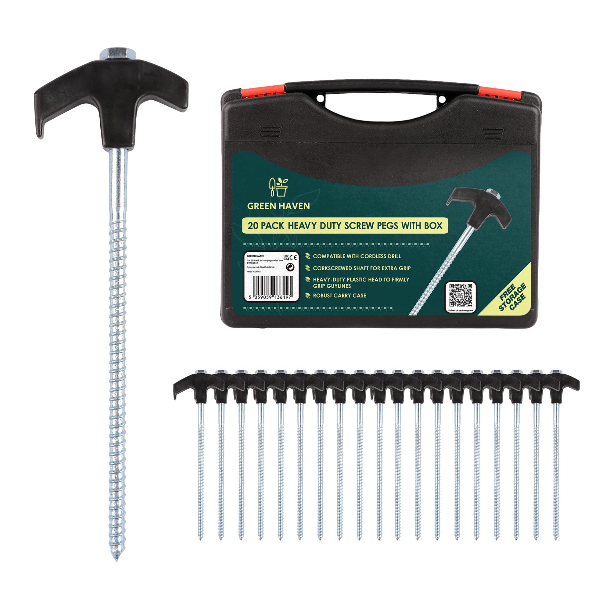 Green Haven Screw Tent Pegs - 20 Pack Heavy Duty Galvanized with Storage Box – Rustproof, Ultimate Strength for Hard Ground, Camping, Tents, Gazebos