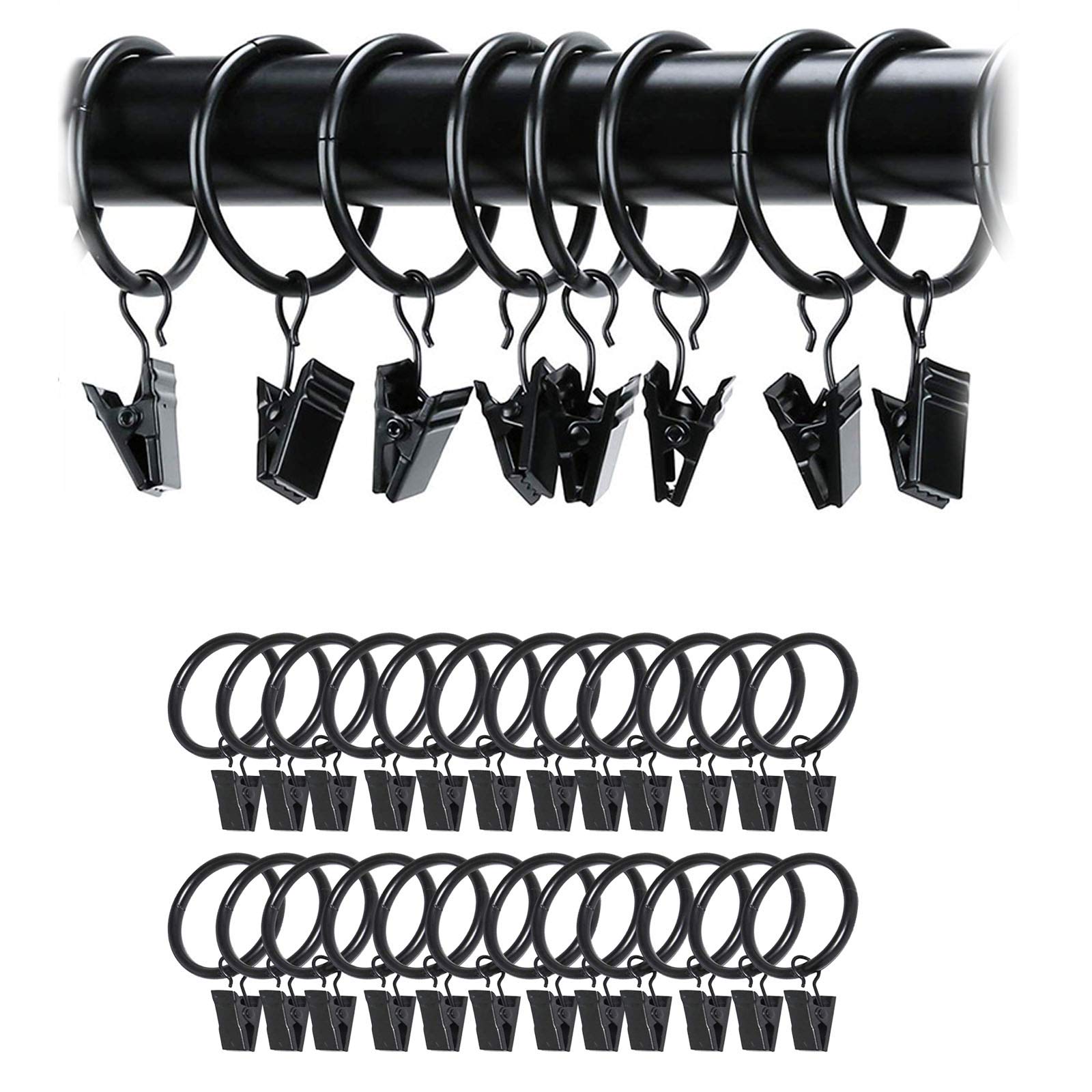Black Curtain Rod Ring Clips, 24 Pack Rustproof Metal Drapery Ring with Hook/Hanger Clips with Eyelets for Holding Heavy Curtains Rod Set and Drapes (38 mm)