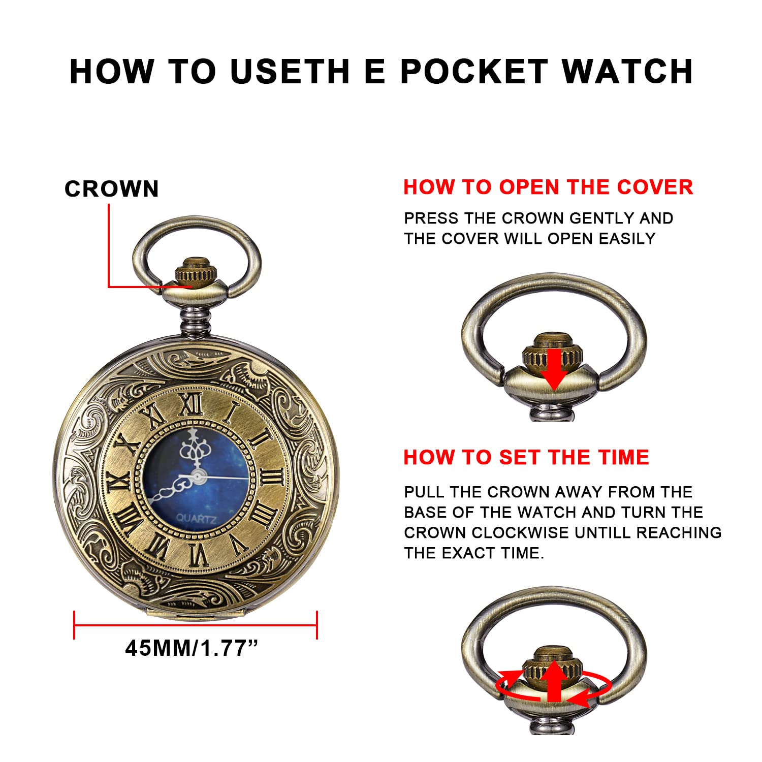 Tiong Pocket Watch Hollow Blue Star Design Roman Numerals Quartz with Chain Christmas Birthday Gifts