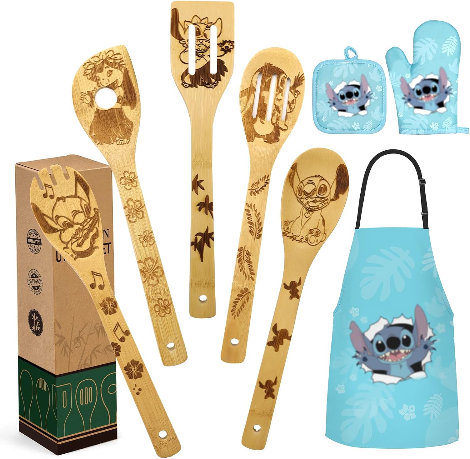Christmas Women Gift Bamboo Kitchen Utensils Set Wooden Spoons Cooking Utensils with Apron Oven Mitt Potholder Set - Great Mothers Day Wedding Gift