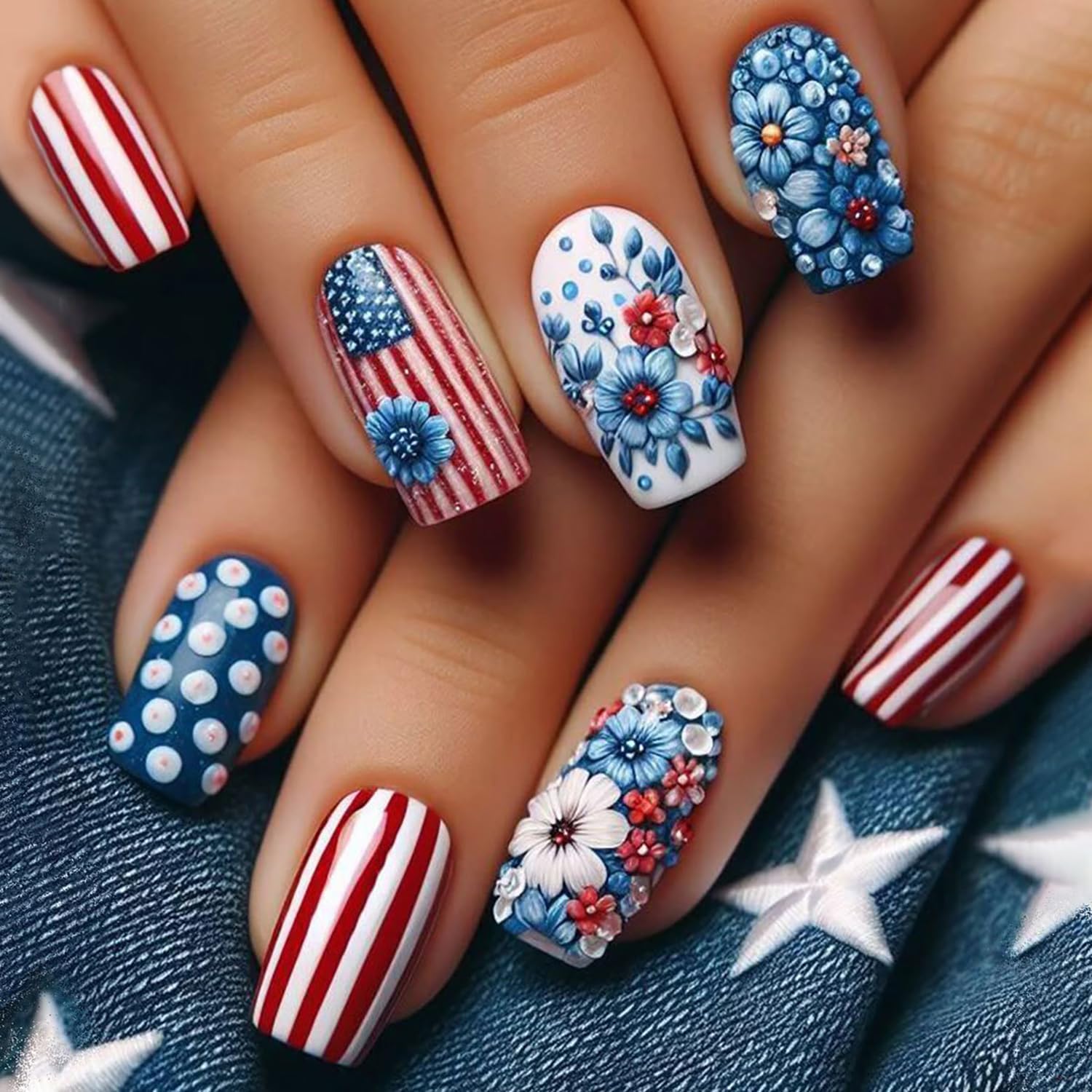 Photo 1 of Independence Day Press on Nails Medium Square American Flag Flower Stripes Design Fake Nails with Glue 4th of July Acrylic Nails Full Cover Glossy False Nails for Women Manicure Decoration, 24PCS