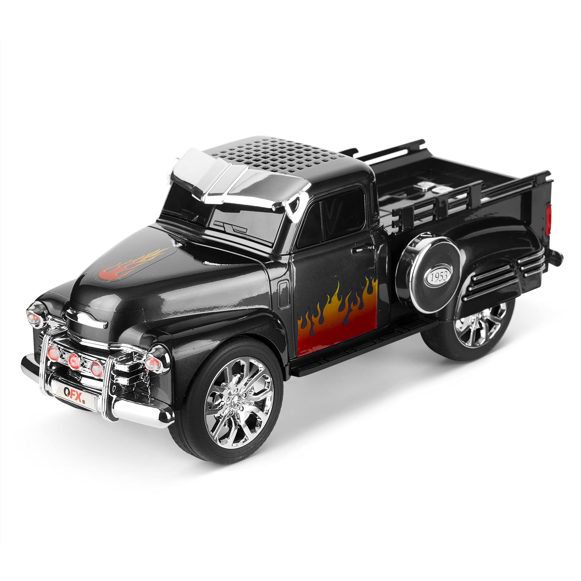 QFX Bluetooth 1953 Hot Rod Pickup Truck Replica Speaker, 3-inch Speakers, Hands Free Link, Built-in Microphone, FM Radio and LED Party Lights, Black - BT-1953 BK