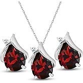 Galaxy Gold GG 14k White Gold Teardrop Garnet with Diamond Accent Necklace and Earring Set