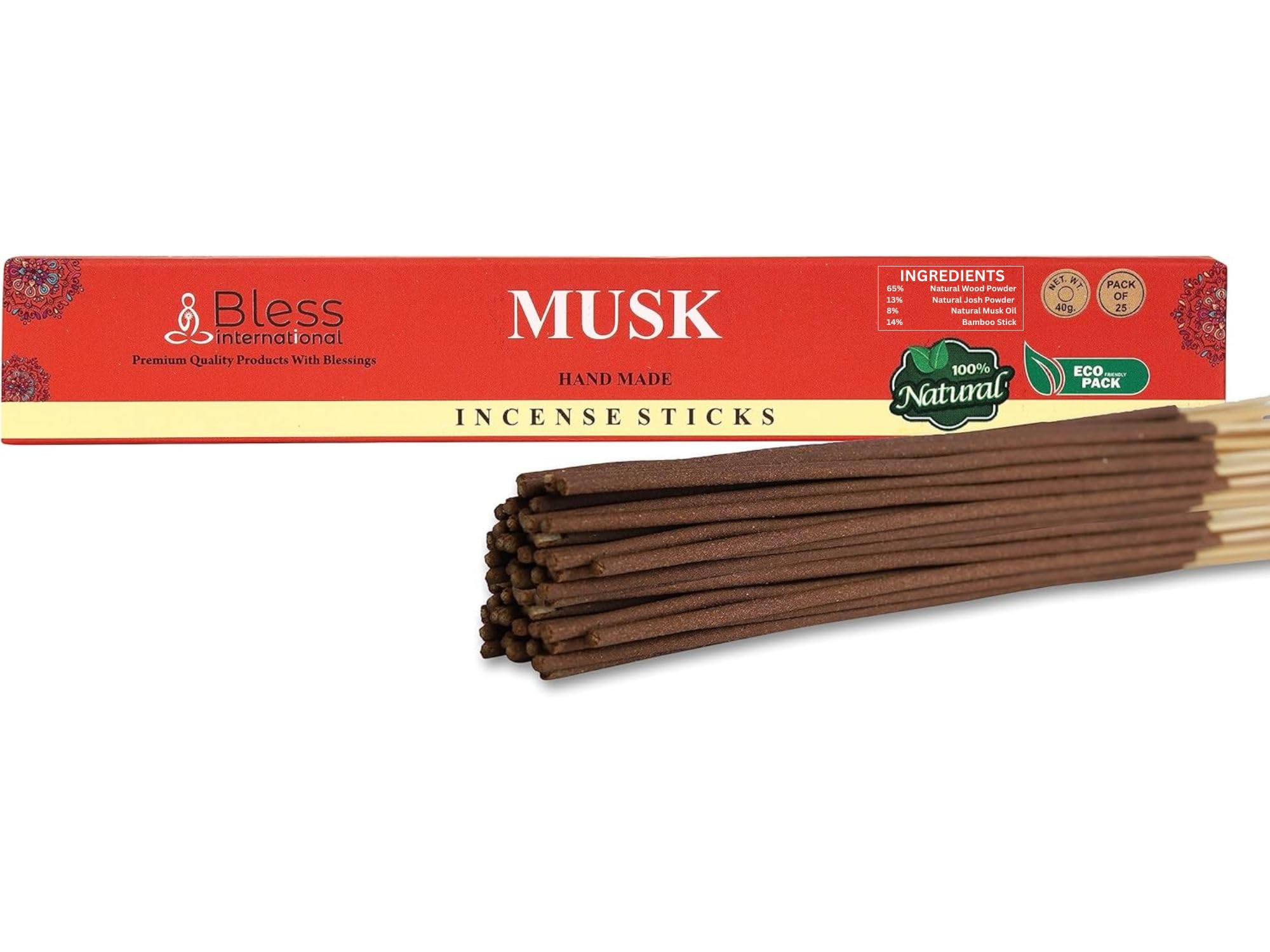Bless-MUSK-Incense-Sticks 100%-Natural-Handmade-Hand-Dipped-Incense-Sticks Organic-Chemicals-Free For-Purification-Relaxation-Positivity-Yoga-Meditation The-Best-Woods-Scent (25 Sticks (40GM))