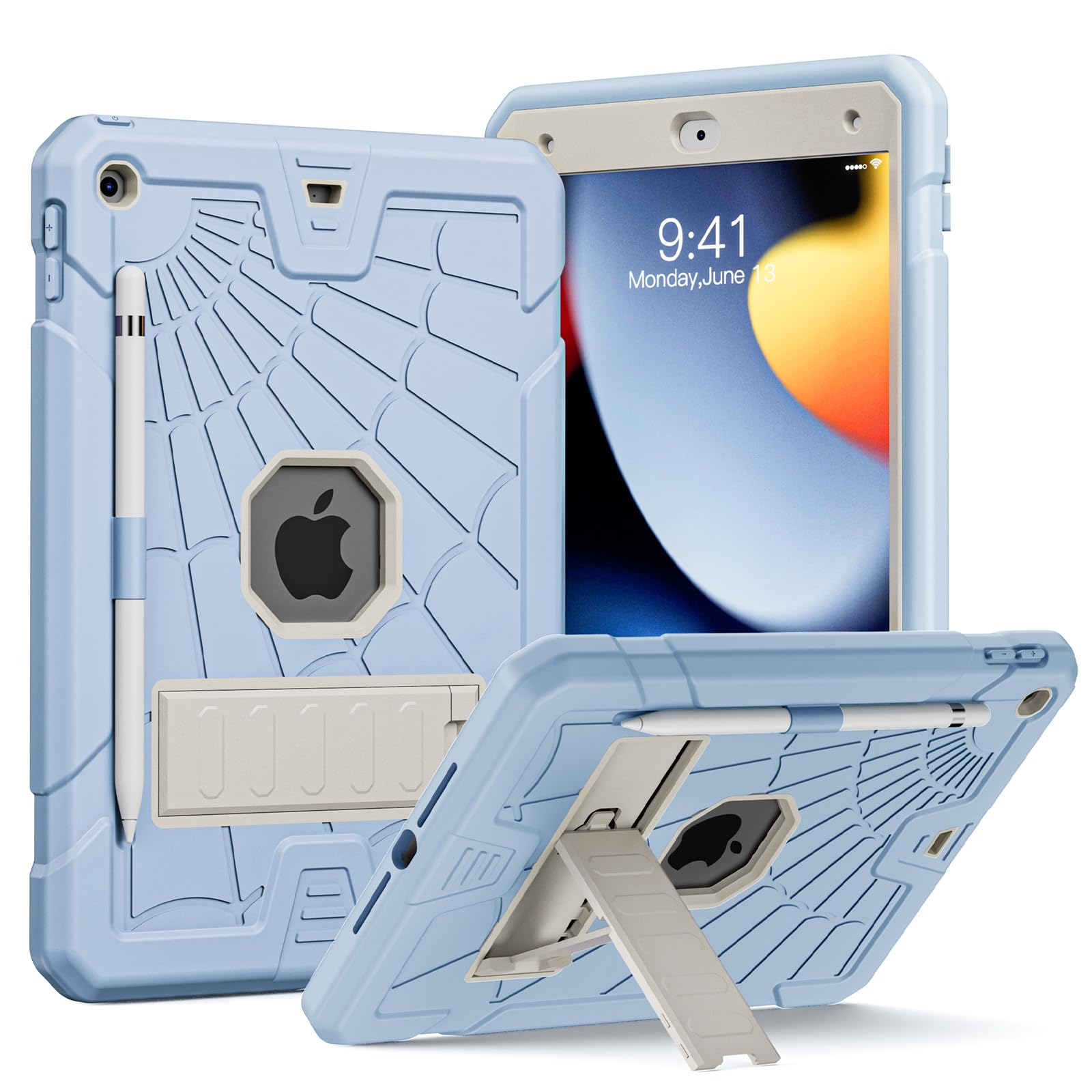 Herize iPad Case 10.2 inch 9th/8th/7th Generation with Pencil Holder | Protective iPad 10.2 Case 2021/2020/2019 for Kids | Heavy Duty Hard Bumper Shockproof Cases W/Stand for iPad 9/8/7- Blue&White