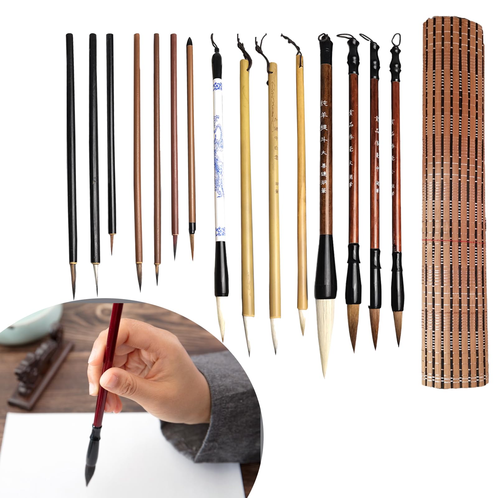15PCS Chinese Calligraphy Brush Set, Wolf Hair Mixed Sizes, Japanese Art Pens for Beginners and Students