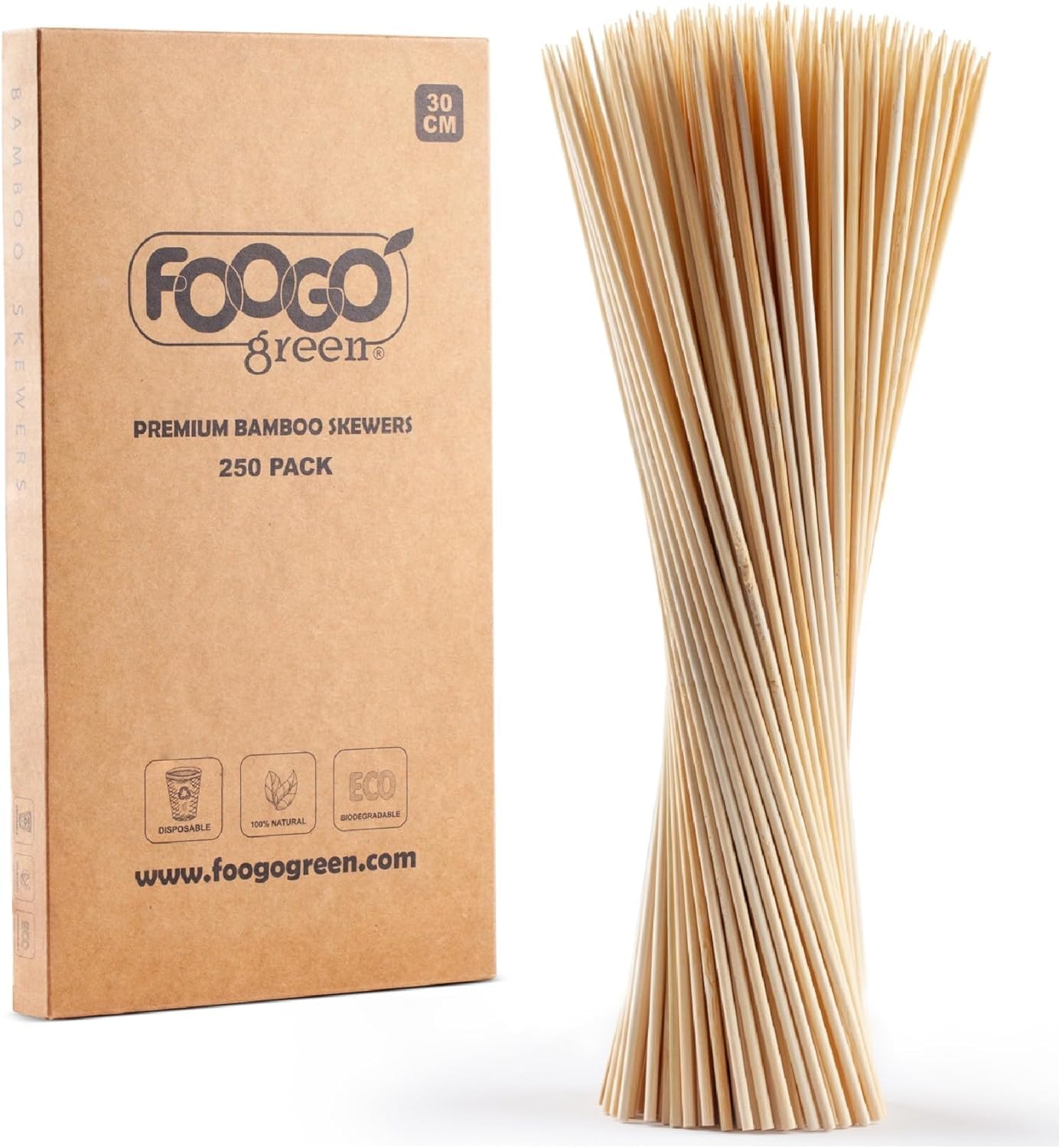 FOOGO Green 250pcs Large 30cm, Bamboo Skewers, FSC® Certified, Sturdy Eco-Friendly Wooden, Barbecue, BBQ & Kebabs Skewers, Fruit Picks, Cocktail Sticks, for Camping, Parties and Wedding — image 1