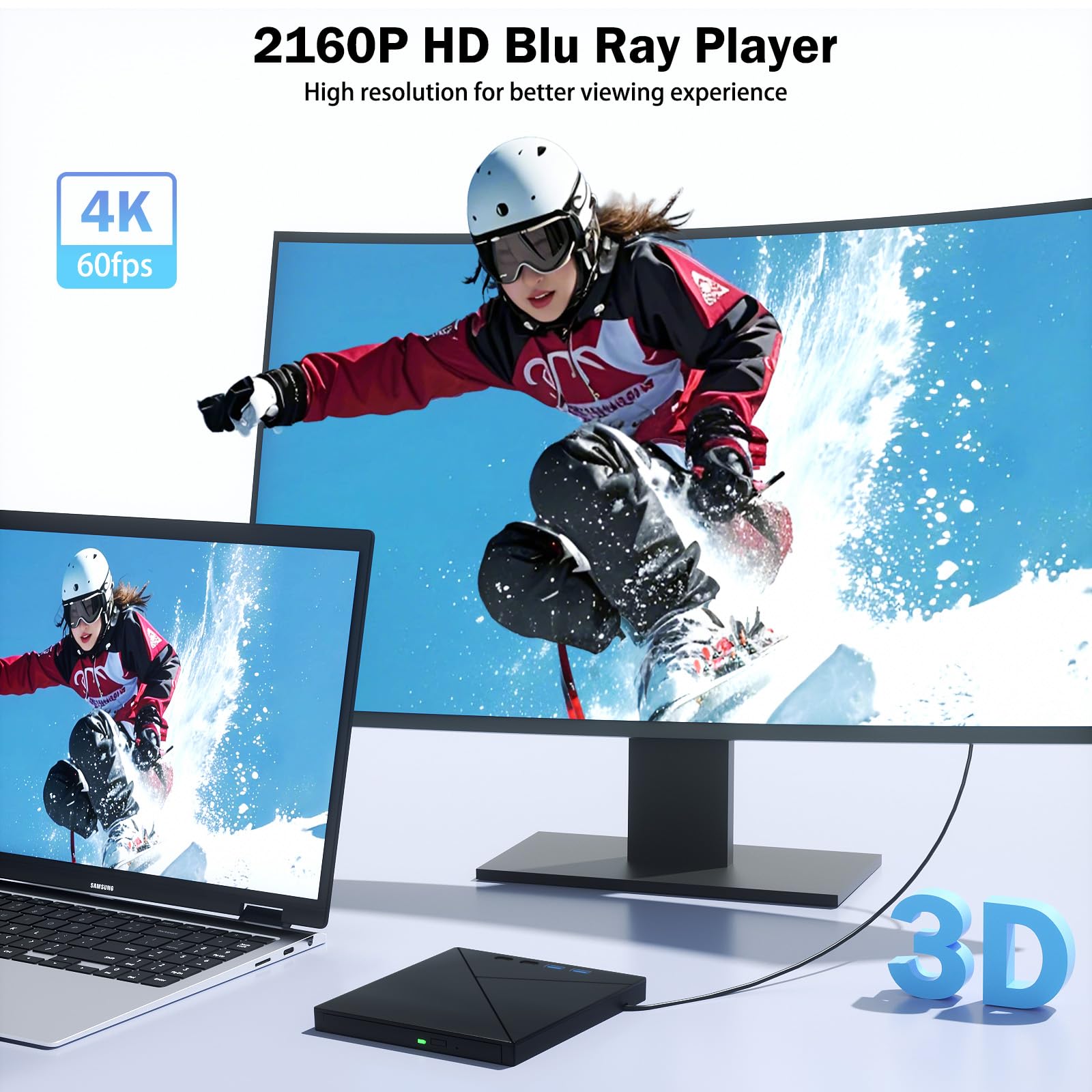 7 in 1 External Blu Ray Drive, 4k Blu Ray Burner with USB 3.0 Type-C Portable Blu Ray Drive, CD DVD Burner 3D BD Player with SD/TF Ports, 4k Optical Drive Compatible with Windows MacOS Laptop Desktop