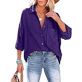 Mingzhu Womens Oversized Cotton Button Down Gauze Shirts Collared Long Sleeve Blouse Top