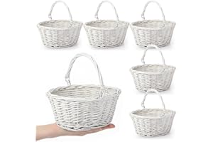 Barydat 6 Pcs Small Wicker Picnic Basket with Handle Flower Girl Baskets Oval Willow Woven Braided Gift Basket for Wedding Baby Shower Thanksgiving Fall Home Garden Decor(9" X 7" X 4",White)