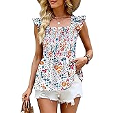 Womens Cap Sleeve Smocked Peplum Top Square Neck Floral Babydoll Tops Ruffle Cami Tank Tunic Top Dressy Tee Shirts