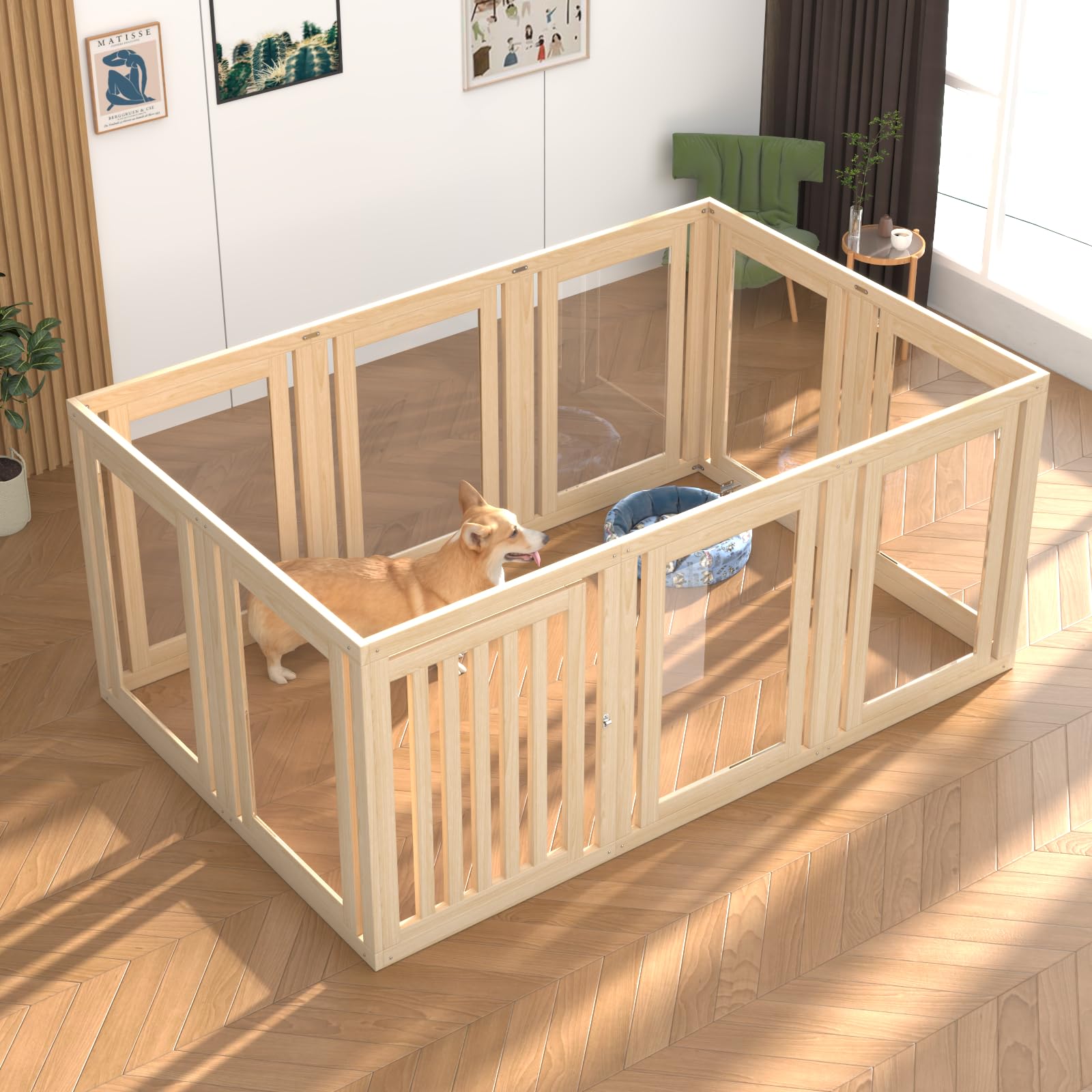 Photo 1 of 10 Panels Dog Playpen with Door, 23.6" H Pet Playpen Indoor, Clear Acrylic Puppy Playpens, Wooden Puppy Fence with Gate, Transparent Dog Pens, Pet Pen Indoor for Dogs, Cats, Rabbit (Wood)