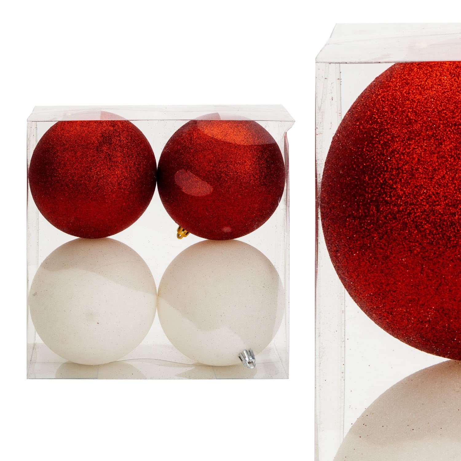 VFM - Baubles Red & White 10cm (4 Pack) - Christmas Tree Decorations