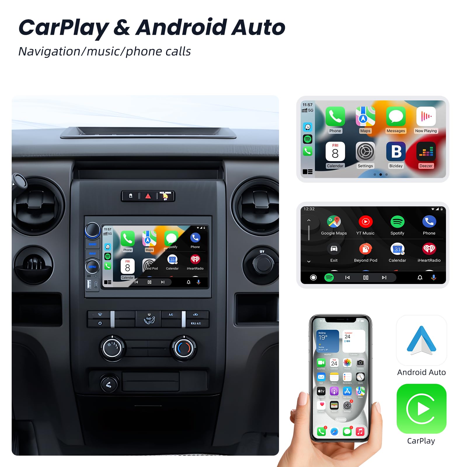 4Core+64G ROM Car Radio for Ford F150 2004-2008:7 Inch Touch Screen Stereo Bluetooth 5.0 Wireless CarPlay Android Auto FM/RDS Audio GPS 5G WiFi SWC 1080P Backup Camera