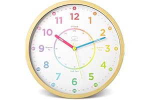 LittleHippo Learning Clock for Kids for Teaching to Tell Time - Kid's Analog, Silent, Non-Ticking Wall Clock for Bedrooms, Nursery, Playroom, School Classroom, Study to Learn to Tell Time