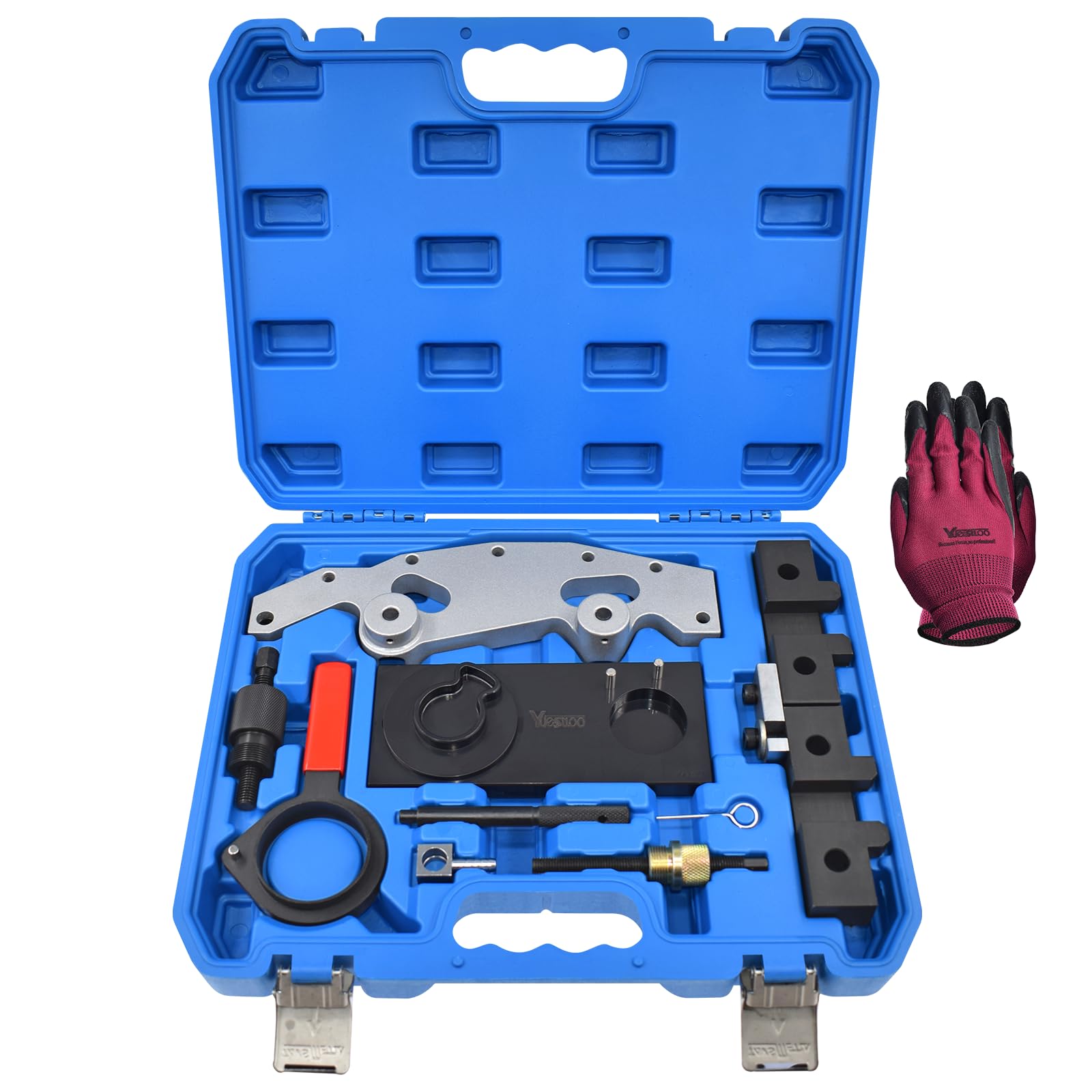 Photo 1 of Yuesstloo Double Vanos Camshaft Alignment Locking Tool Kit, Compatible with BMW M52, M52TU, M54, M56, 325i, 325xi, 325Ci, 330i, 330xi, 330Ci, 328i, 328Ci, 528i, 525i, 530i, X3 2.5i / 3.0i, with Gloves