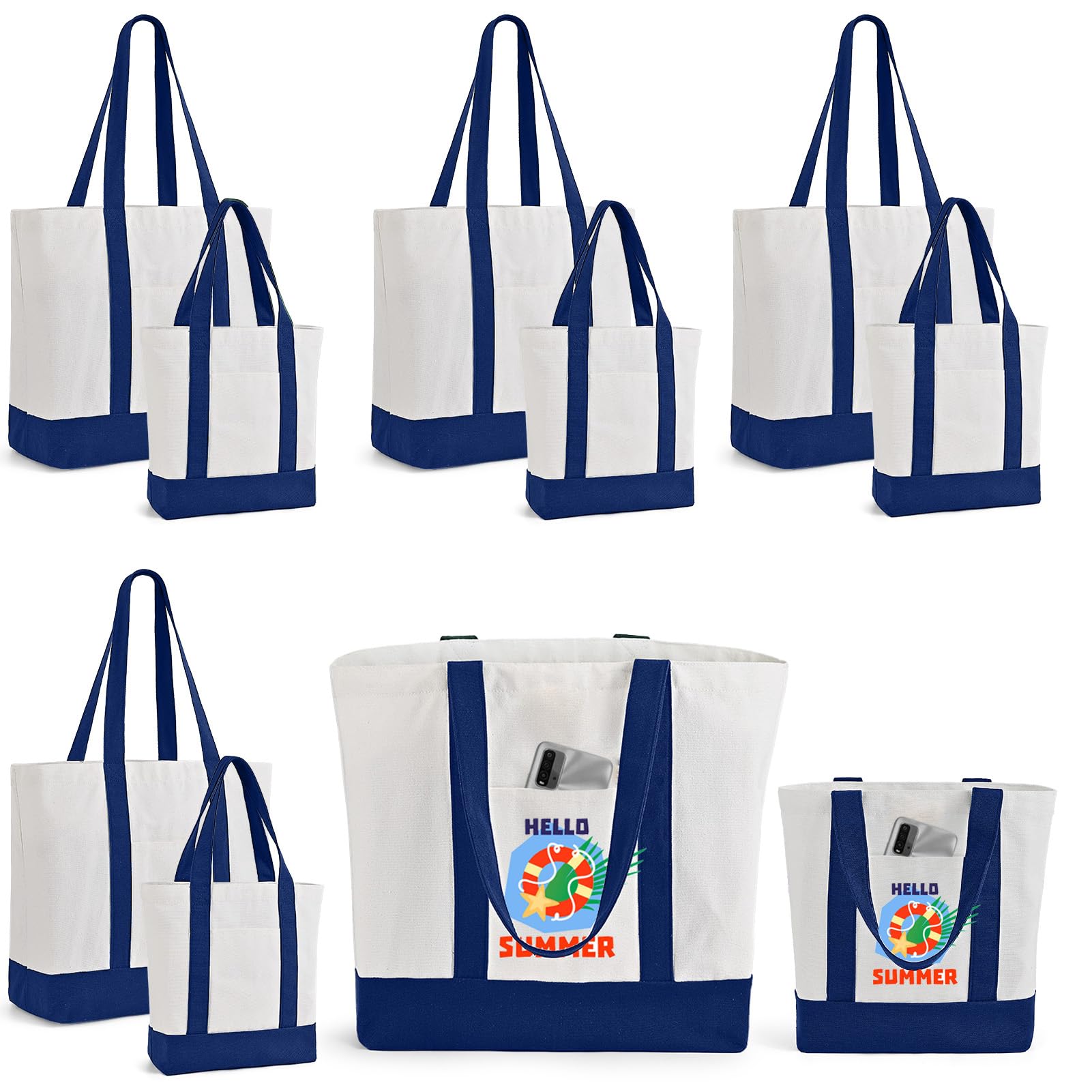 Photo 1 of 10Pcs Canvas Tote Bag Bulk with Outer Pocket, 12oz Cotton Blank Canvas Tote Bags 19 x 14.6Inch, 13 x 11Inch Reusable Grocery Bags(5 Set Large & Medium)