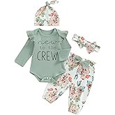 Madjtlqy Newborn Baby Girl Fall Winter Clothes Long Sleeve Ribbed Romper Top Bow Pants Headband Hat Set Coming Home Outfits