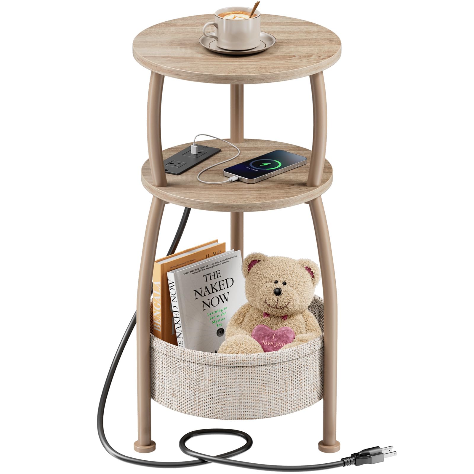 Yuede Side Table with Charging Station, Small Round End Table with Basket, USB Port and Outlet, 3 Tiers Sofa Couch Table Bedside Table for Living Room Bedroom, Small Spaces, 11.81in Light Oak