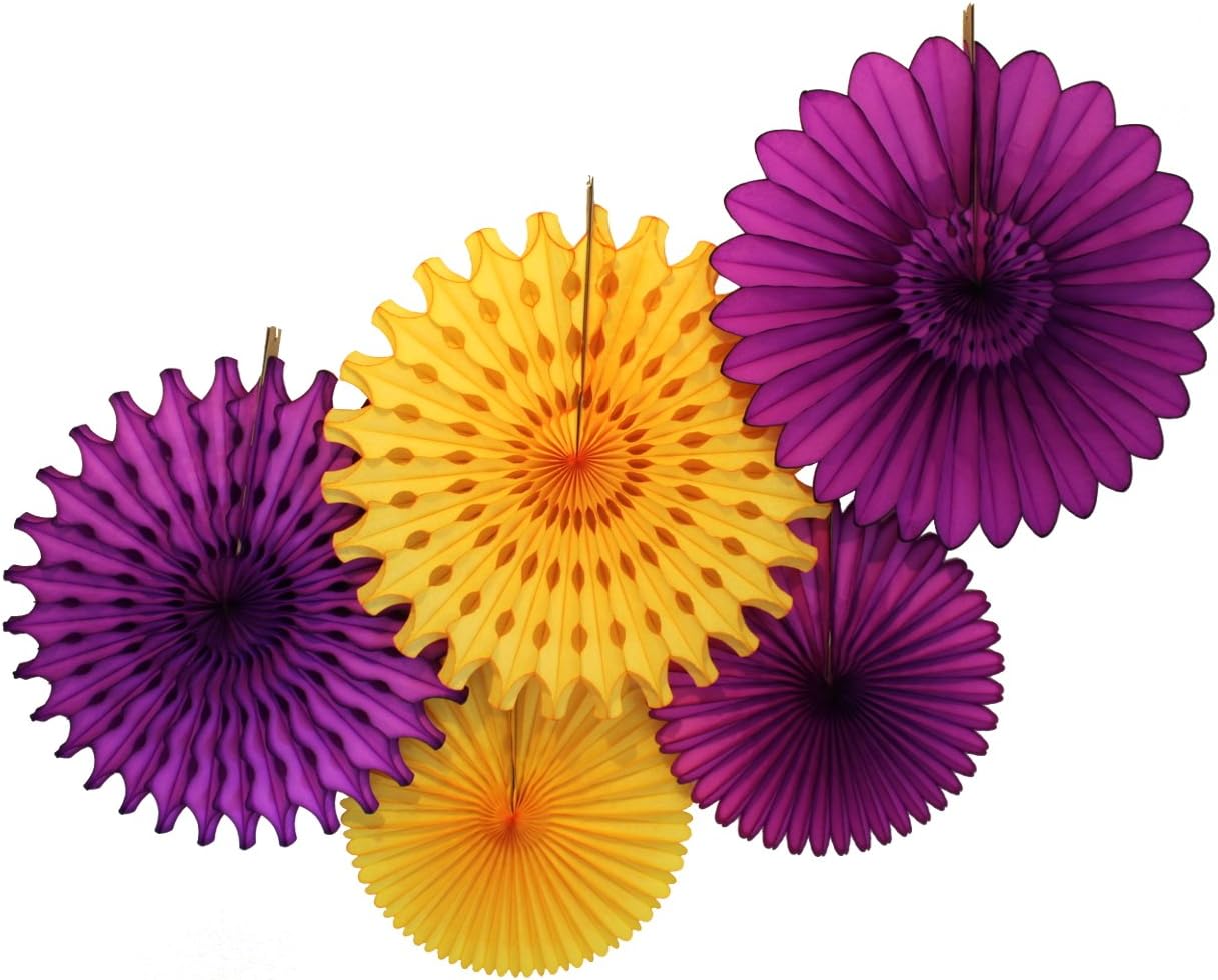 Devra Party 5-Piece Tissue Paper Fans, Royalty Purple Gold